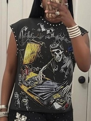 Skull Letter Printed Vintage Rivet Tanks