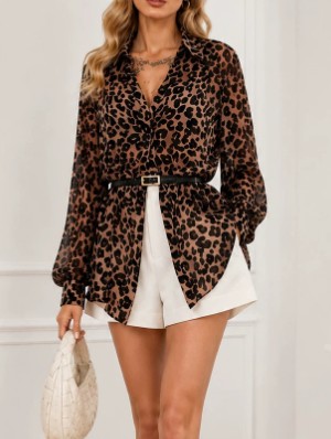 Leopard V Neck Long Sleeve Blouses
