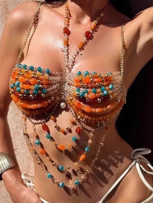 Colorblock Beading Metal Body Chain