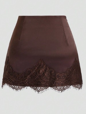 Lace Detail Pure Color A-line Zipper Skirts