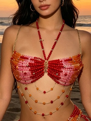 Colorblock Beading Metal Halter Body Chain