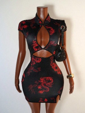 Dragon Printed Mandarin Hollow-out Mini Dress