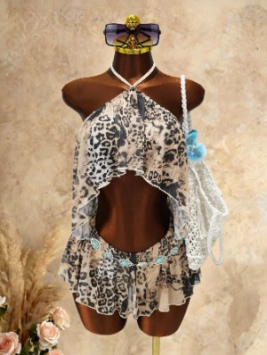 Leopard Halter Backless Ruffle Mini Dress