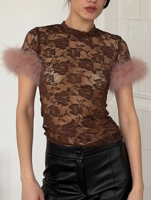 Floral Lace Panel Sheer Bodycon Tops