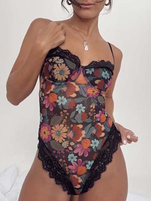 Patchwork Print Spaghetti Straps Backless Bodysuits