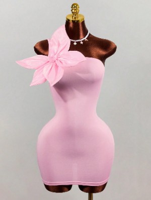 Flower Decor One Shoulder Fitted Mini Dress