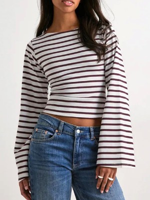 Striped Trumpet Sleeve Boat Neck Tops