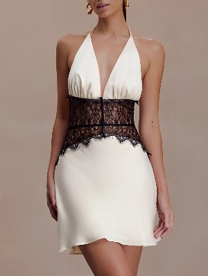 Halter Lace Patchwork Sleeveless Mini Dress