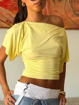 Solid Color Boat Neck Cropped Design Tops