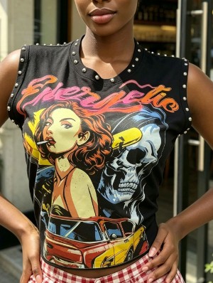 Skull Cartoon Printed Casual Rivet Tanks