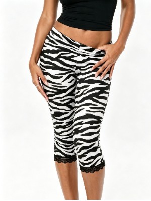 Contrast Zebra Lace Detail Capri Pants