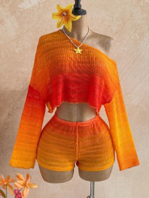 Inclined Shoulder Knitted Gradient Short Sets