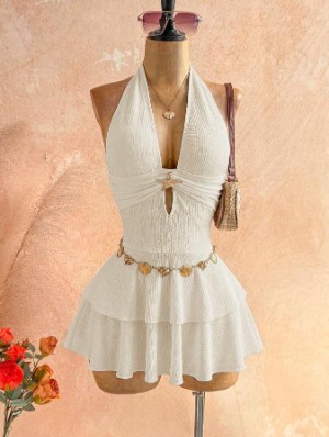 Halter V Neck Ruffle Backless Mini Dress