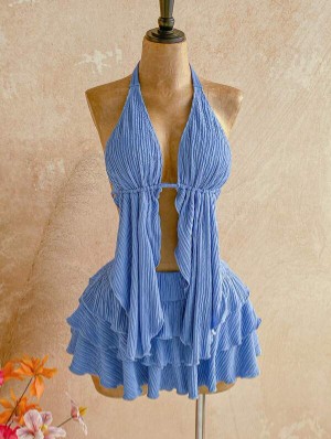 Ruffle Halter Backless Lace-Up Skirt Sets