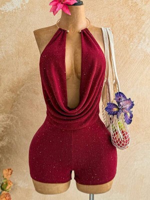 Metal Ring Halter Backless Lace-Up Rompers