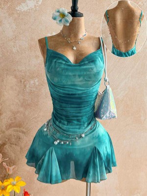 Tie Dye Backless Chain Ruffle Mini Dress
