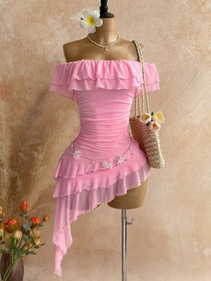 Ruffle Off Shoulder Asymmetrical Mini Dress