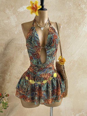 Deep V Neck Halter Backless Lace-Up Mini Dress