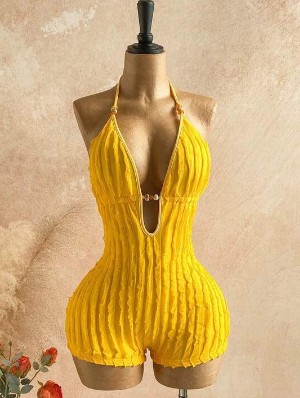 Ruched Backless V Neck Lace-Up Rompers