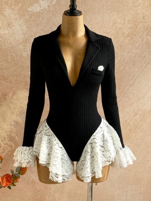 V Neck Notch Blazers Lace Detail Rompers