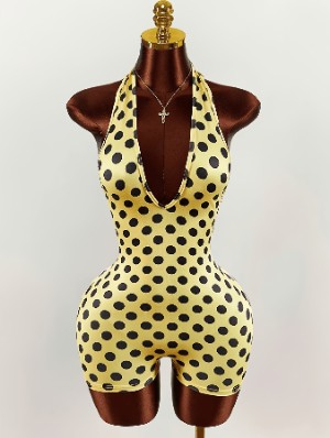 Polka Dots Halter Backless Lace-Up Rompers