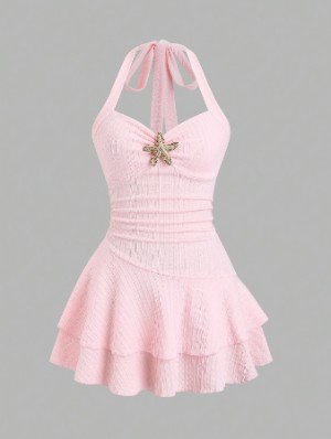 Star Decor Halter Backless Ruffle Mini Dress