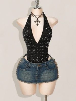 Rhinestones Halter Deep V Neck Bodysuits