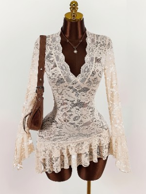 Lace Panel Sheer Long Sleeve Mini Dress