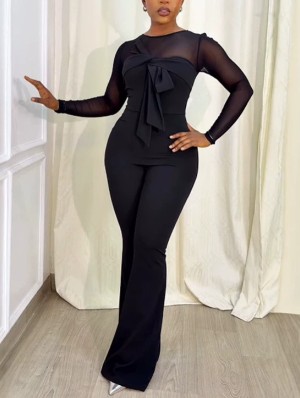 Bow Gauze Sheer Long Sleeve Jumpsuits