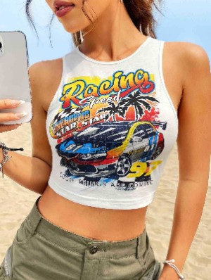 Racer Letter Printed Bare Waist Tanks