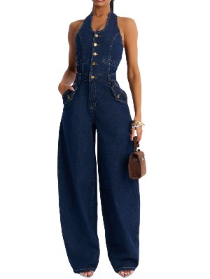 Denim Halter Backless Smocked Jumpsuits