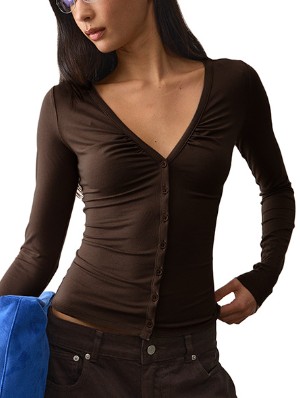 Pure Color V Neck Ruched T-shirts