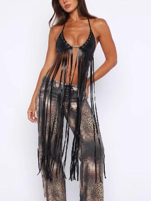 Eyelets Fringe Halter Backless Lace-Up Tanks
