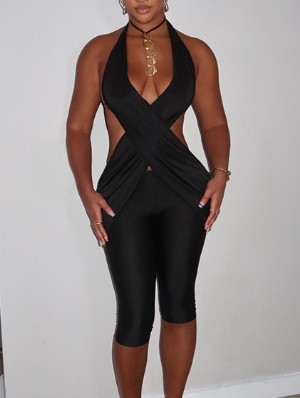 Wrap Halter Backless Lace-Up Rompers