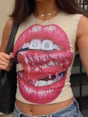 Grillz Teeth Lips Printed Rivet Tanks