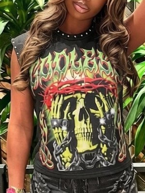 Flame Skull Printed Loose Rivet Tanks