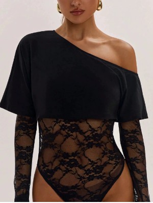 Inclined Shoulder Lace Bodycon Bodysuits