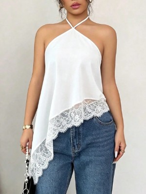 Lace Panel Asymmetrical Halter Lace-Up Tanks