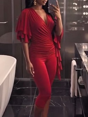 Ruched V Neck Flare Sleeve Short Sets