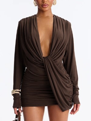 Ruched V Neck Long Sleeve Fitted Mini Dress