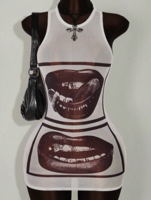 Lips Printed Sleeveless I-Shaped Mini Dress