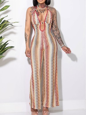 Striped V Neck Backless Lace-Up Jumpsuits