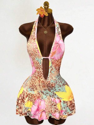 Floral Leopard Halter Backless Layered Rompers