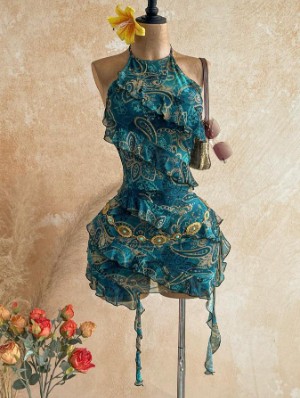 Halter Backless Layered Ribbons Mini Dress