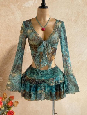 Leopard Floral Bandage Cropped Skirt Sets