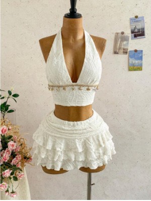 Halter Backless Lace-Up Tiered Skirt Sets