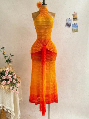 Gradient Halter Backless Ribbons Maxi Dress