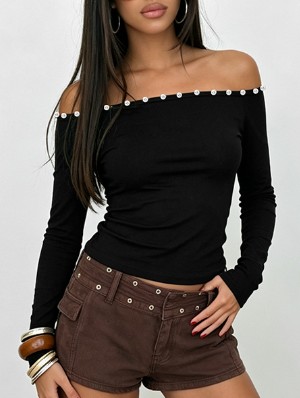Buckle Patch Off Shoulder Cropped Tops