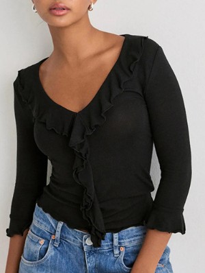 V Neck Ruffle Long Sleeve Cropped Tops