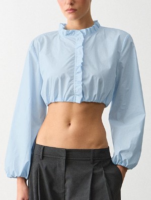 Plain Button Up Lacework Cropped Blouses